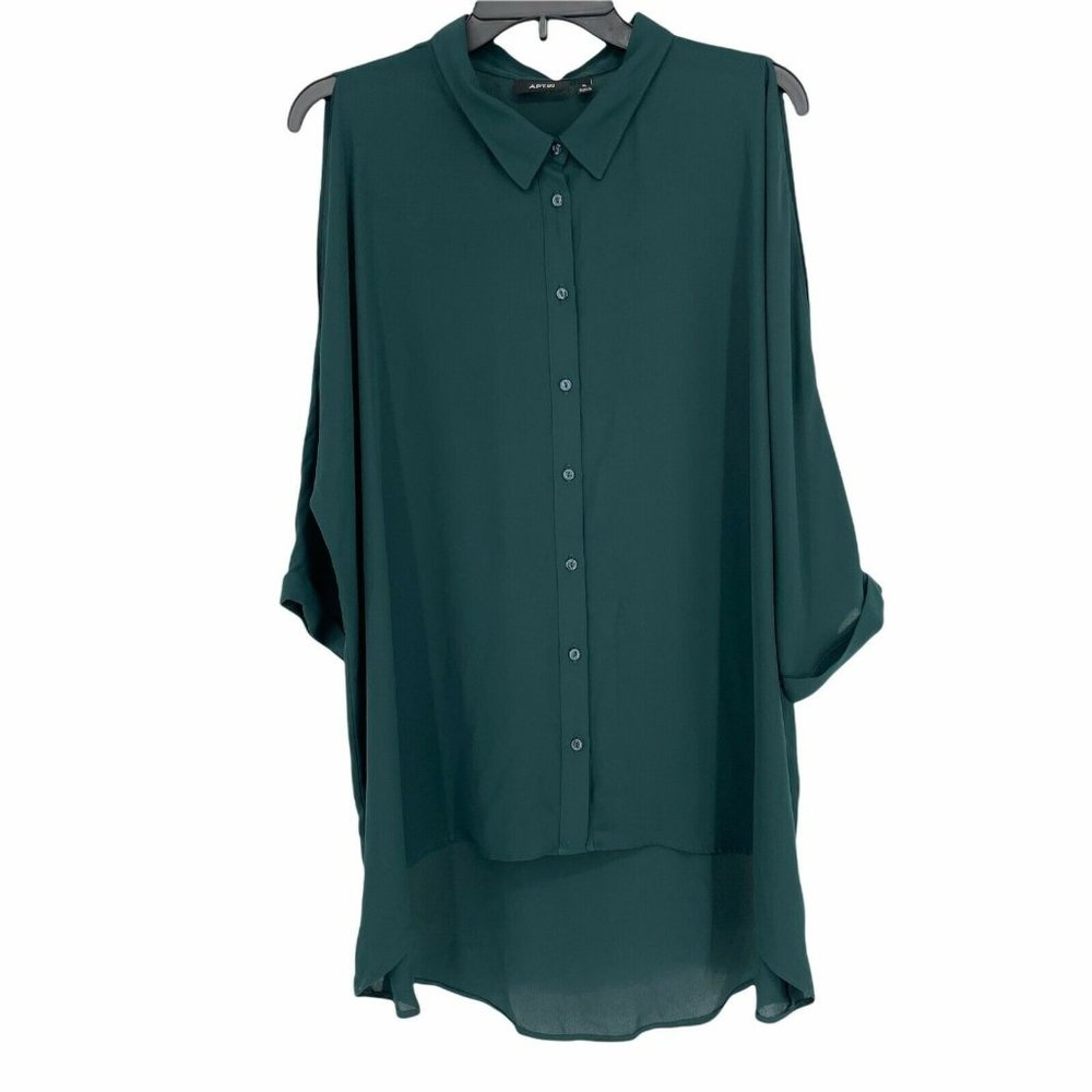 APT.9 Women's Cold Shoulder Collared Tunic Blouse Green Polyester